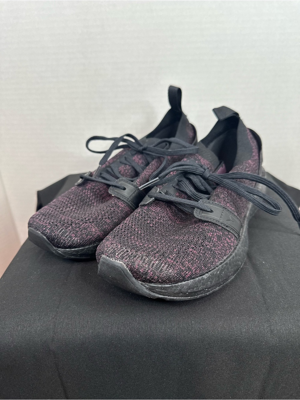Puma Women’s Knit Lace-Up Sneakers in Black and Plum, size 8